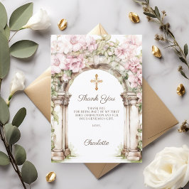 Girl photo First Communion pink floral arch Dankeskarte