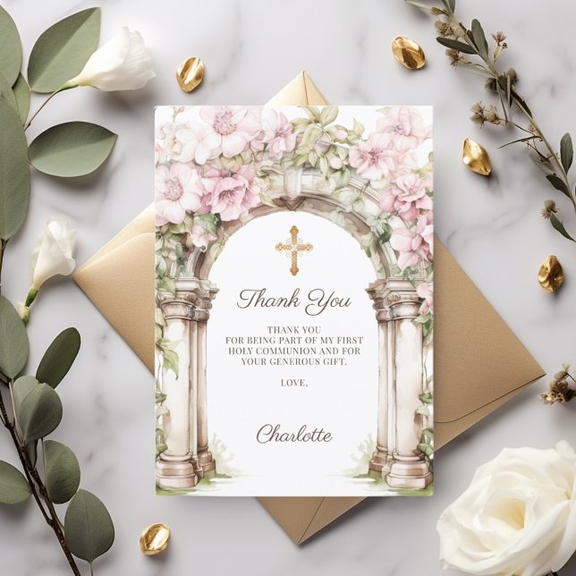 Girl photo First Communion pink floral arch Dankeskarte (Von Creator hochgeladen)