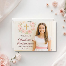 Girl photo pink bow cross Confirmation Dankeskarte