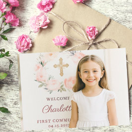 Girl photo pink bow cross First Communion Dankeskarte