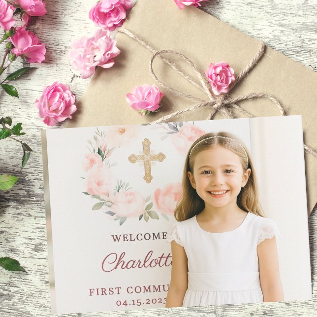 Girl photo pink bow cross First Communion  Dankeskarte (Von Creator hochgeladen)