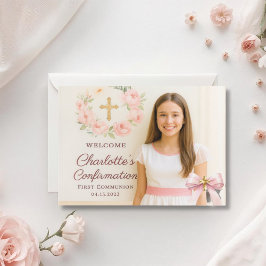 Girl photo pink bow cross First Holy Communion Dankeskarte
