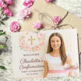 Girl photo pink bow cross First Holy Communion Dankeskarte