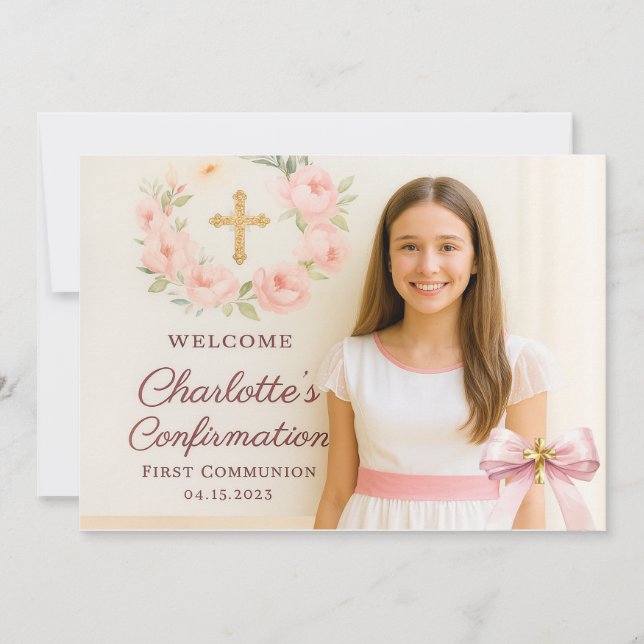 Girl photo pink bow cross First Holy Communion Dankeskarte (Vorderseite)