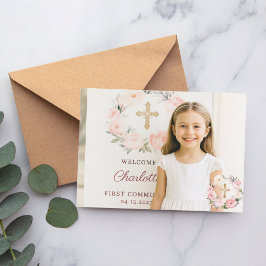 Girl photo pink florals cross First Communion Dankeskarte