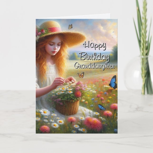 Girl Picking Blume Großtochter Geburtstag Karte (Vorderseite)