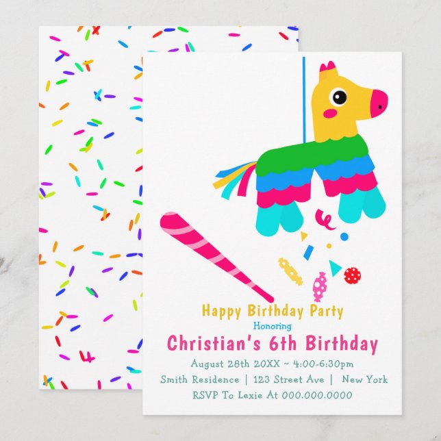 Girl Piñata 6. Geburtstag Einladungen (Vorne/Hinten)