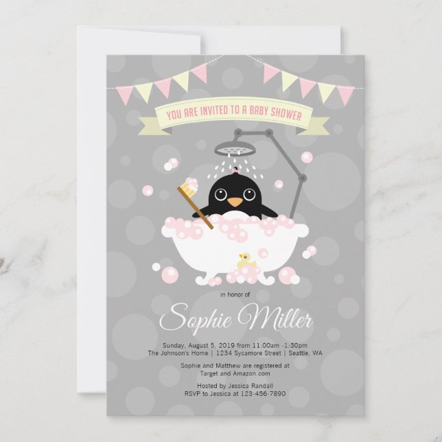 Girl Pinguin Baby Dusche Einladung (Vorderseite)
