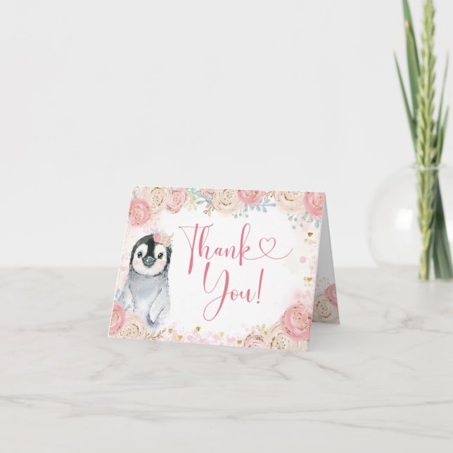Girl Pinguin Winter Snowflake Danke Karte (Vorderseite)