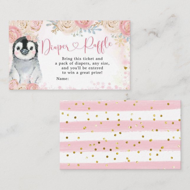 Girl Pinguin Winter Snowflake Diaper Raffle Begleitkarte (Vorne/Hinten)