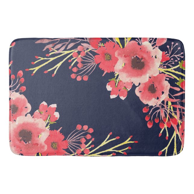 Girl Pink Aquarellfarben Blume & Navy Blue Badematte (Vorderseite)