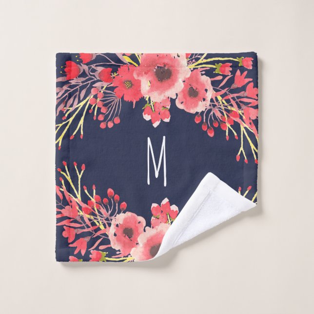 Girl Pink Aquarellfarben Blume & Navy Blue Badhandtuch Set (Waschlappen)