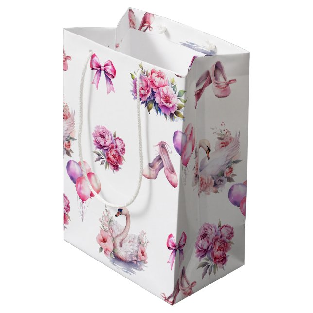 Girl Pink Ballet Floral Mittlere Geschenktüte (Rückseite Schrägansicht)