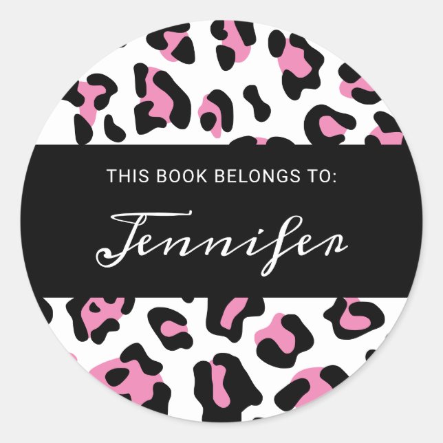 Girl Pink Black and White Leopard Spot Book Runder Aufkleber (Vorderseite)