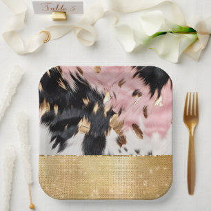 Girl Pink Black Gold Sparkle Cowgirl Cowhide Pappteller