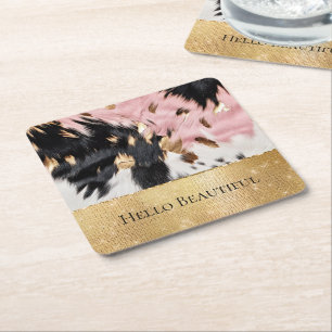 Girl Pink Black Gold Sparkle Cowgirl Cowhide Rechteckiger Pappuntersetzer