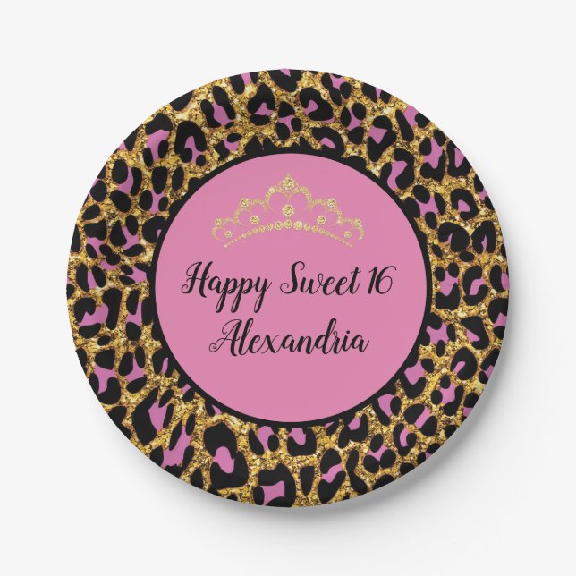Girl Pink & Black Leopard Gold Glitzer Pappteller (Vorderseite)
