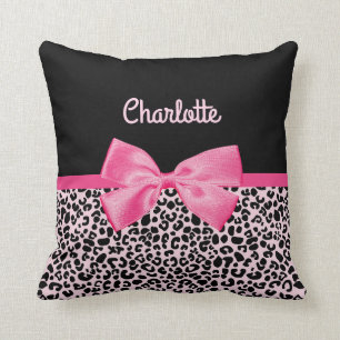 Girl Pink Black Leopard Print Niedlich Bow and Nam Kissen