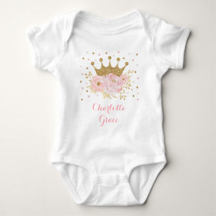 Girl Pink Blush Gold Floral Princess Crown Baby Strampler