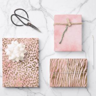 Girl Pink Blush Peach Gold Leopard Print Geschenkpapier Set