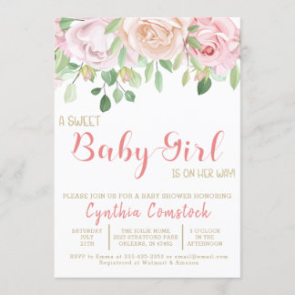 Girl Pink Blush Wasserfarbe Blumendusche Einladung