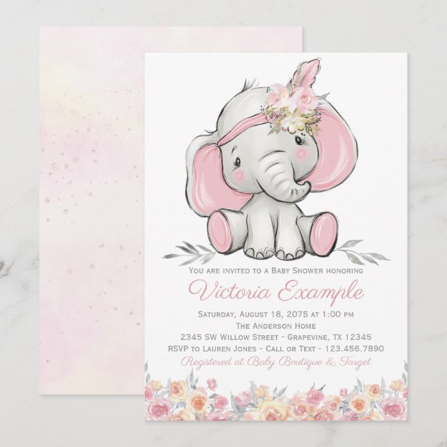 Girl Pink Boho Elephant Baby Dusche Einladung (Vorne/Hinten)