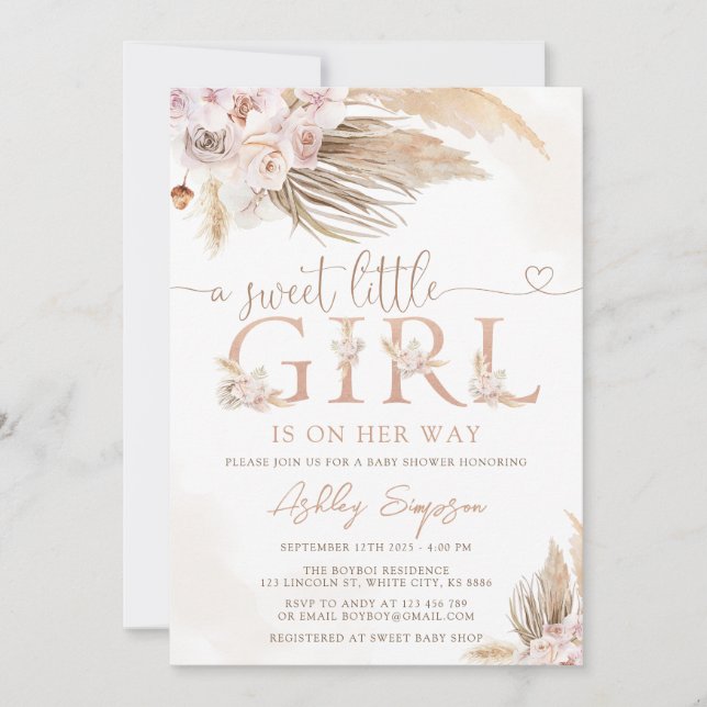 Girl Pink Boho Pampas Grass Girl Babydusche Einladung (Vorderseite)