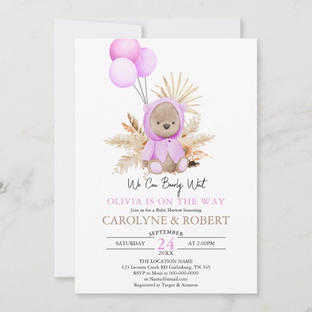 Girl Pink Boho Teddy Bear Bear Bearly Wait Baby Du Einladung (Vorderseite)