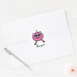 Girl Pink Bonjour Pig Round Sticker
