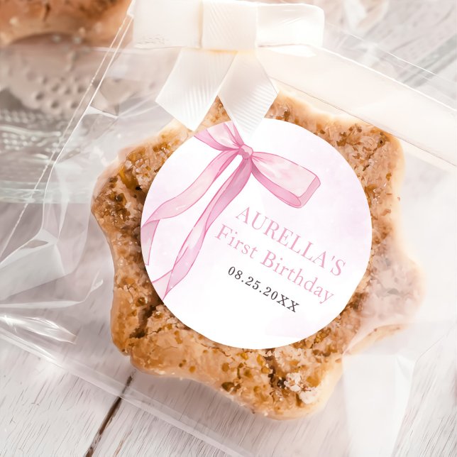 Girl Pink Bow 1. Geburtstag Party Runder Aufkleber (Von Creator hochgeladen)