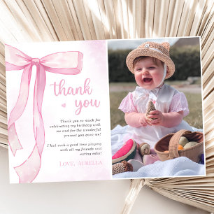 Girl Pink Bow Birthday Party Foto Dankeskarte