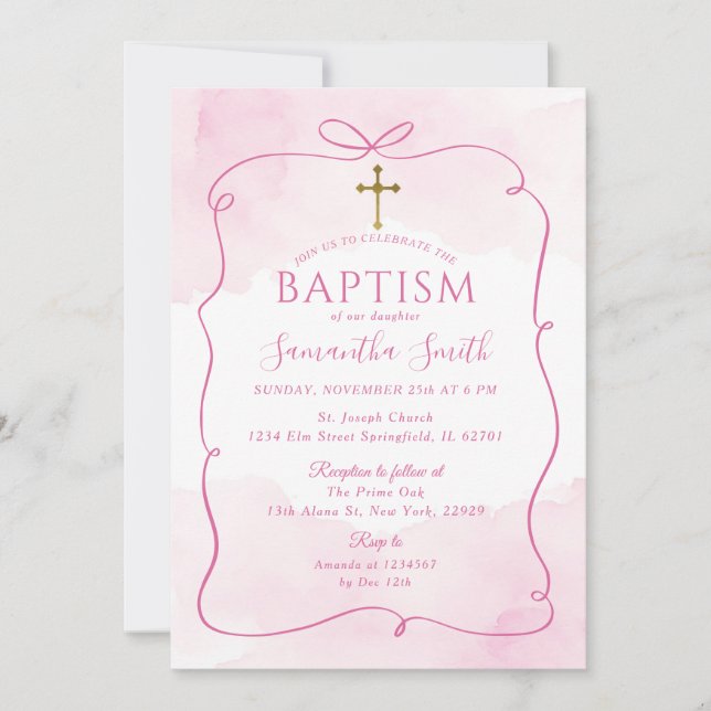 Girl Pink Bow Gold Cross Christening Taufe Einladung (Vorderseite)