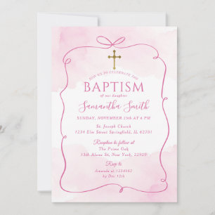 Girl Pink Bow Gold Cross Christening Taufe Einladung