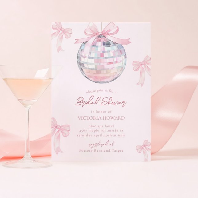 Girl Pink Bows Shiny Disco Ball Brautparty Einladung (Von Creator hochgeladen)