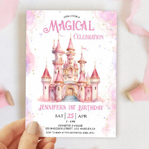 Girl Pink Burg Prinzessin 1. Geburtstag Party Einladung