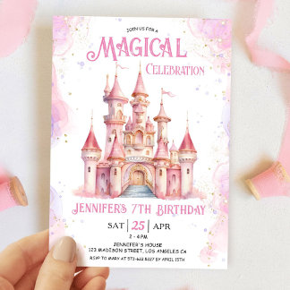 Girl Pink Burg Prinzessin 7. Geburtstagsparty Einladung