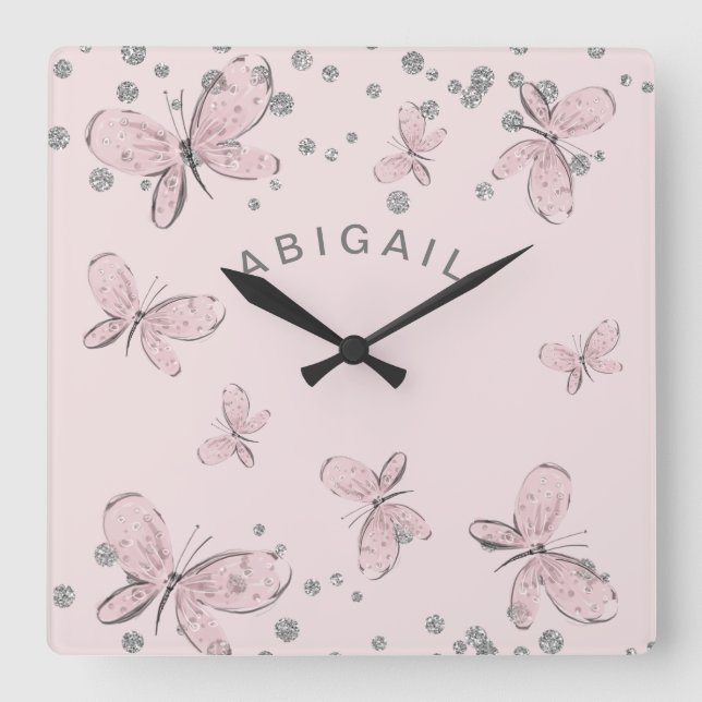 Girl Pink Butterfly Silver Sparkle Custom Name Quadratische Wanduhr (Vorderseite)