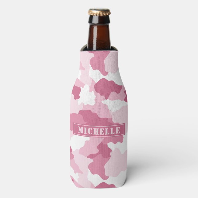 Girl Pink Camouflage Camouflage Monogramm Name Flaschenkühler (Flaschenvorderseite)