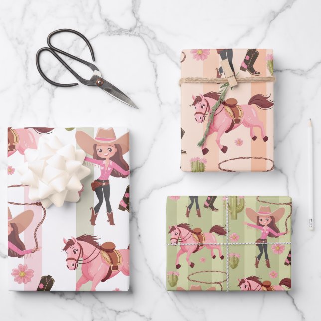 Girl Pink Cowgirl Horse Rodeo Western Design Geschenkpapier Set (Vorderseite)
