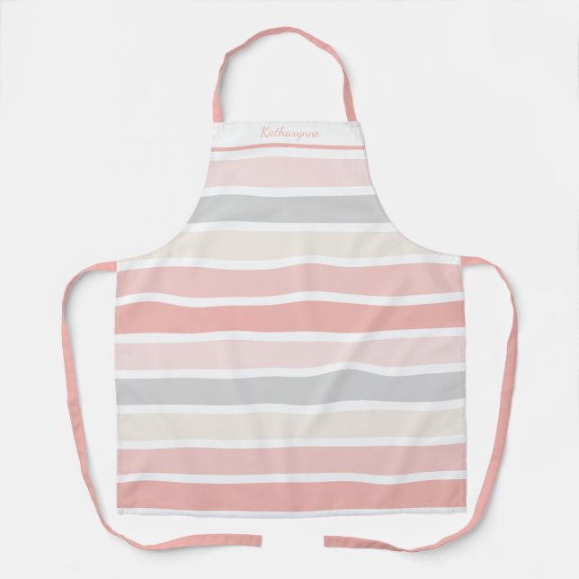 Girl Pink Cream Grau Streifen Personalisiert Schürze (Vorderseite)