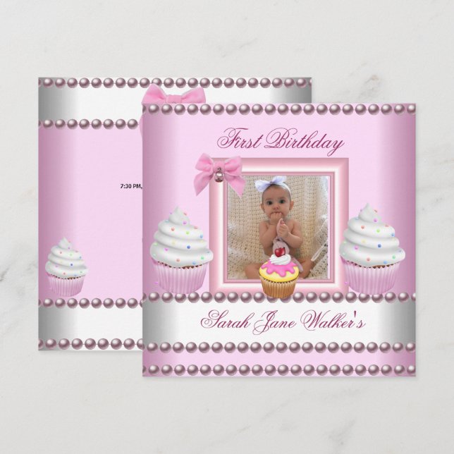 Girl Pink Cupcakes White Pearl Baby Einladung (Vorne/Hinten)