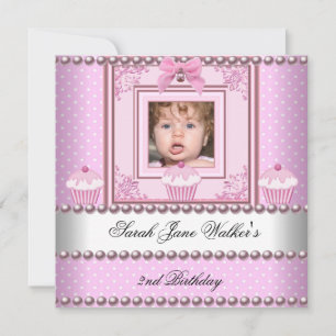 Girl Pink Cupcakes White Pearl Foto Einladung