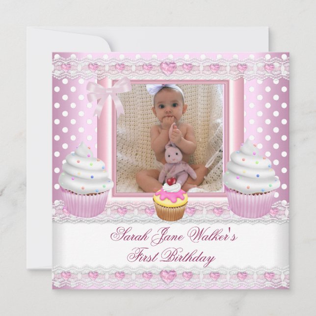 Girl Pink Cupcakes White Spot Baby Einladung (Vorderseite)