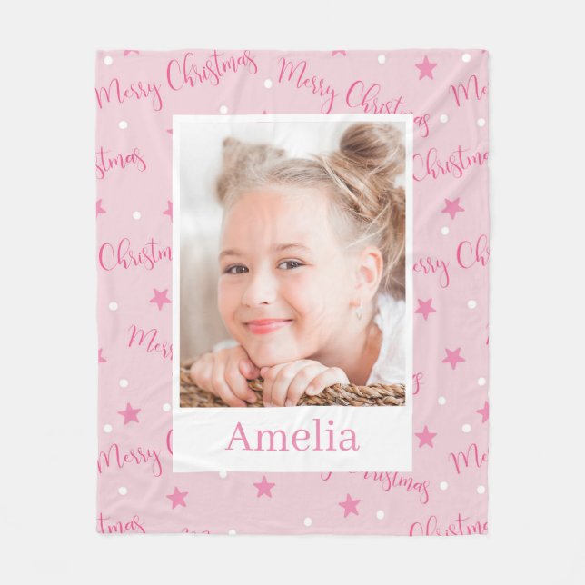 Girl Pink Custom Foto Frohe Weihnachten Fleecedecke (Vorderseite)