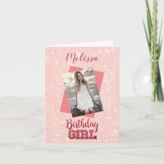 Girl Pink Custom Foto|Name Pink Sparkle Geburtstag Karte