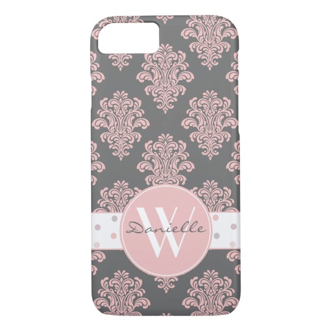 Girl Pink Damask Monogram Case-Mate iPhone Hülle (Rückseite)