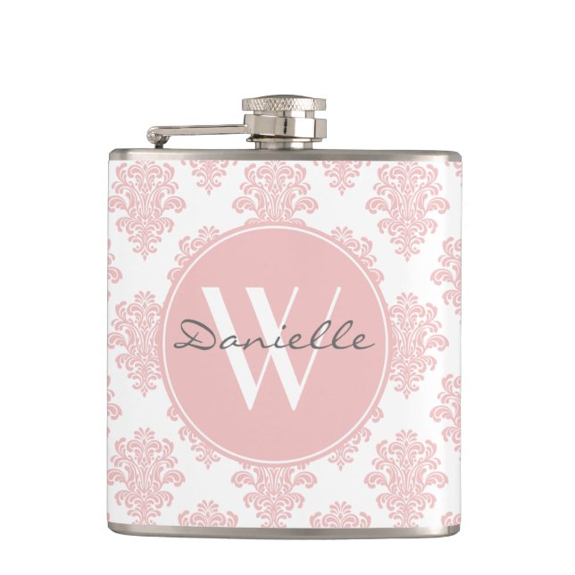 Girl Pink Damask Monogram Flachmann (Vorderseite)