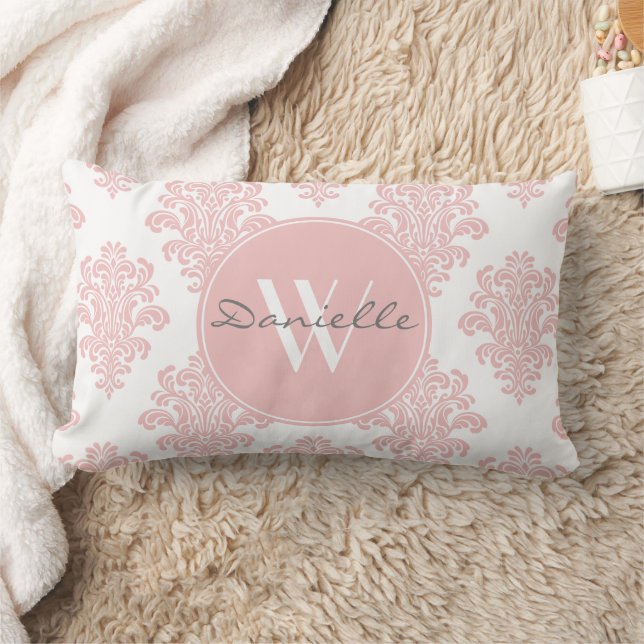 Girl Pink Damask Monogram Lendenkissen (Decke)