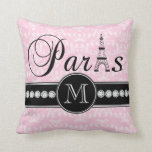 Girl Pink Damask Paris Mit Monogramm Kissen<br><div class="desc">Dieses Vintage,  schwarz,  weiß und gürlich rosa Damast-Muster wirft Kissen mit personalisiertem Monogramm-Initial,  das Wort "Paris" mit dem Eiffelturm und eine Reihe von bedruckten weißen Diamanten auf einer schwarzen Band wird in Ihrem Schlafzimmer oder Wohnzimmer als akzentes Kissen phantastisch aussehen. Monogram Gallery Gifts© Elke Clarke Designs ©</div>