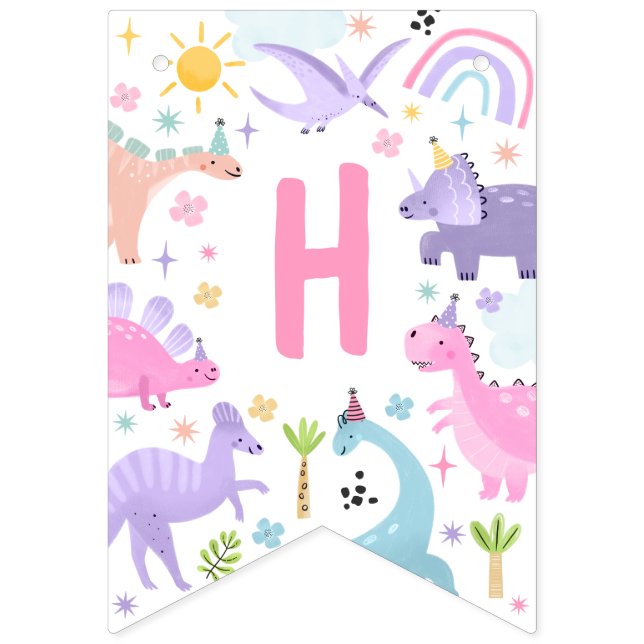 Girl Pink Dinosaur Birthday Party Party Wimpelkette (Erste Fahne)